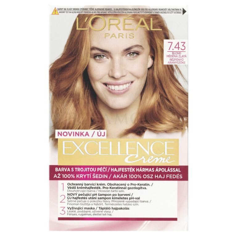 L&#039;Oréal Paris Excellence Creme Triple Protection Farba do włosów dla kobiet 48 ml Odcień 7,43 Dark Copper Gold Blonde