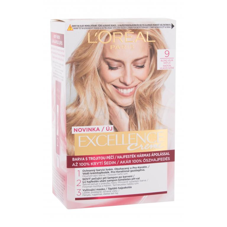 L&#039;Oréal Paris Excellence Creme Triple Protection Farba do włosów dla kobiet 48 ml Odcień 9 Natural Light Blonde Uszkodzone pudełko