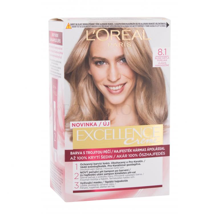 L&#039;Oréal Paris Excellence Creme Triple Protection Farba do włosów dla kobiet 48 ml Odcień 8,1 Natural Ash Blonde Uszkodzone pudełko