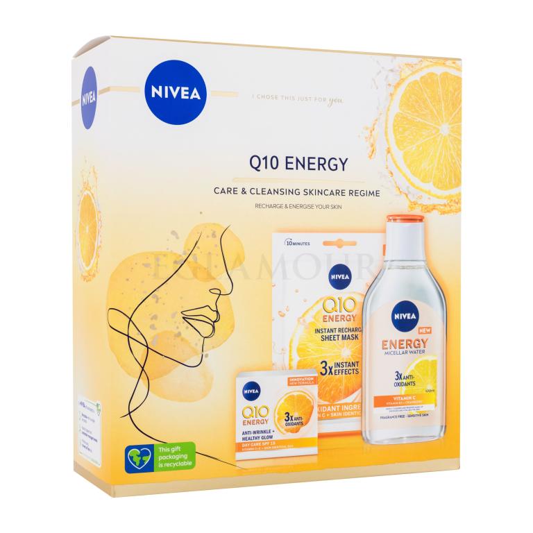 Nivea Q10 Energy Gift Set Zestaw Krem do twarzy na dzień 50 ml + woda micelarna 400 ml + maseczka w płachcie 1 szt.