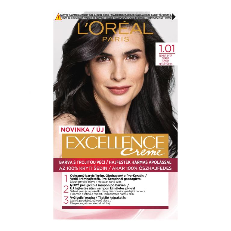 L&#039;Oréal Paris Excellence Creme Triple Protection Farba do włosów dla kobiet 48 ml Odcień 1,01 Dark Deep Black
