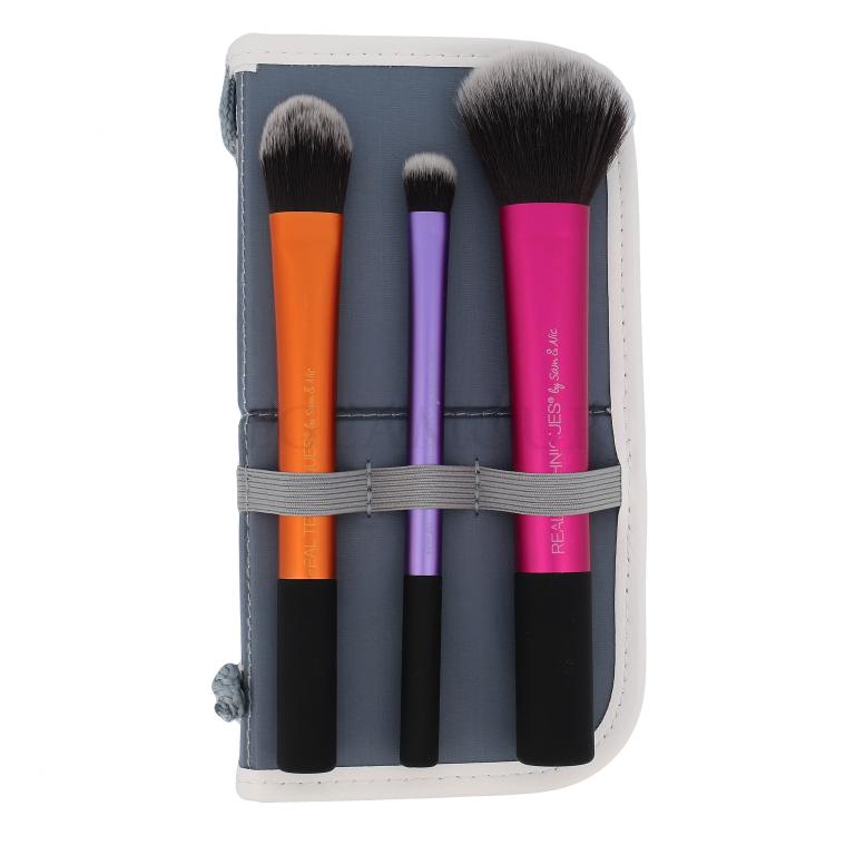 Real Techniques Brushes Travel Essentials Zestaw 1szt Brush for make-up + 1szt brush on eye shadow + 1szt brush for powder, blush and bronzer + case