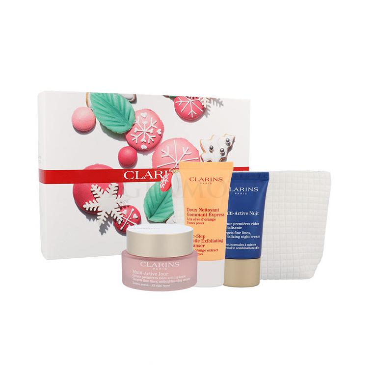 Clarins Multi-Active Zestaw Daily facial care 50ml + Night facial care 15ml + peeling One Step Gentle Exfoliating Cleanser 30ml + Cosmetic bag