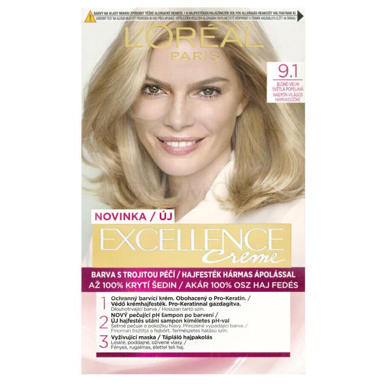 L&#039;Oréal Paris Excellence Creme Triple Protection Farba do włosów dla kobiet 48 ml Odcień 9,1 Natural Light Ash Blonde