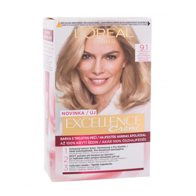 L&#039;Oréal Paris Excellence Creme Triple Protection Farba do włosów dla kobiet 48 ml Odcień 9,1 Natural Light Ash Blonde Uszkodzone pudełko