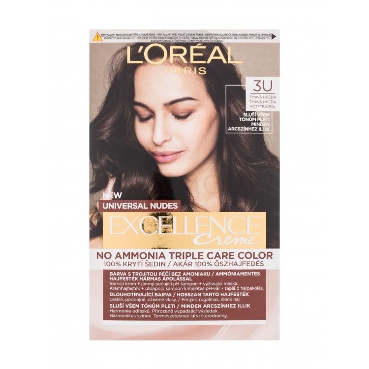 L&#039;Oréal Paris Excellence Creme Triple Protection Farba do włosów dla kobiet 48 ml Odcień 3U Dark Brown Uszkodzone pudełko