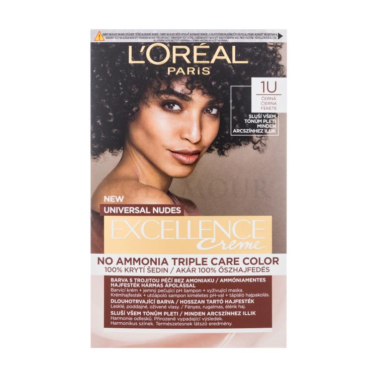 L&#039;Oréal Paris Excellence Creme Triple Protection No Ammonia Farba do włosów dla kobiet 48 ml Odcień 1U Black Uszkodzone pudełko