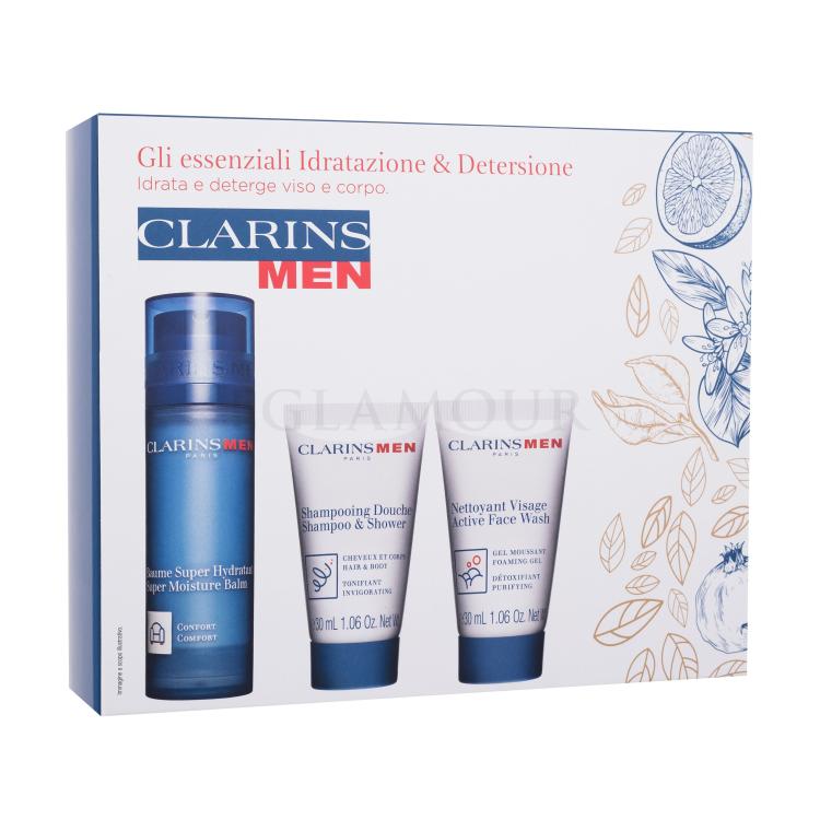 Clarins Men Hydration Essentials Zestaw Balsam do twarzy Men Super Moisture Balm 50 ml + Szampon Men Shampoo &amp; Shower 30 ml + Żel do mycia Men Active Face Wash 30 ml