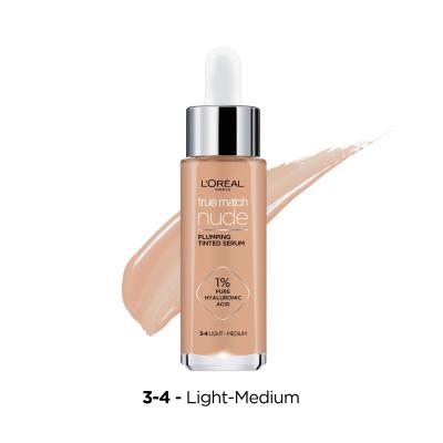 L&#039;Oréal Paris True Match Nude Plumping Tinted Serum Podkład dla kobiet 30 ml Odcień 3-4 Light-Medium