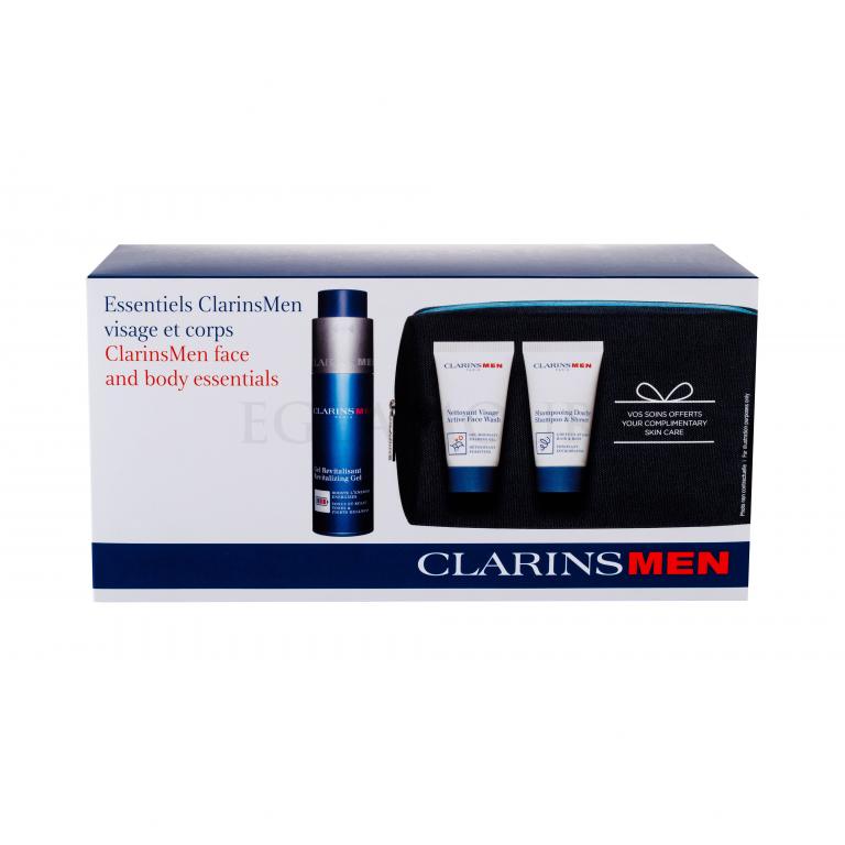 Clarins Men Revitalizing Gel Zestaw Nawilżający żel 50 ml + Preparat do mycia twarzy Active Face Wash 30 ml + Kosmetyk 2 w 1 żel i szampon pod prysznic 30 ml + Kosmetyczka