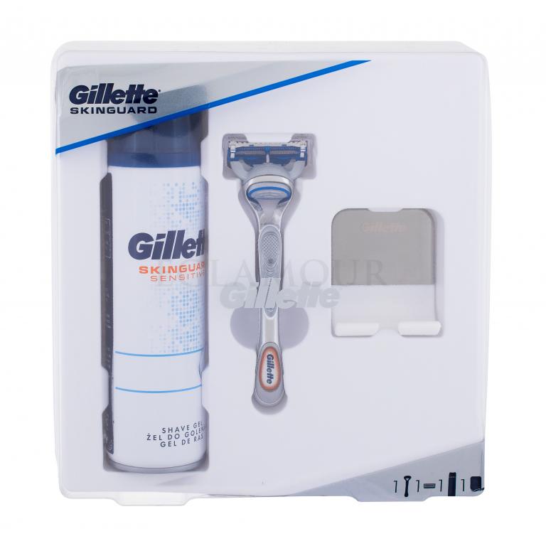 Gillette Skinguard Sensitive Zestaw Maszynka do golenia z jednym ostrzem Skinguard Sensitive 1 szt + Żel do golenia Skinguard Sensitive 200 ml + Stojak na maszynkę