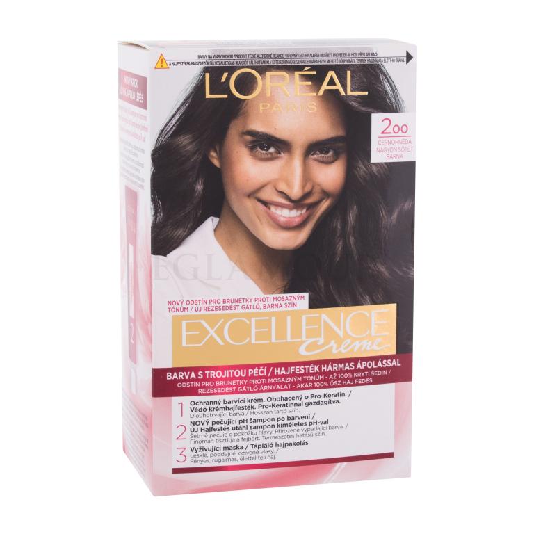 L&#039;Oréal Paris Excellence Creme Triple Protection Farba do włosów dla kobiet 48 ml Odcień 200 Black-Brown Uszkodzone pudełko