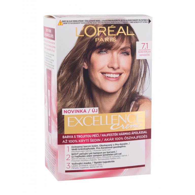 L&#039;Oréal Paris Excellence Creme Triple Protection Farba do włosów dla kobiet 48 ml Odcień 7,1 Natural Ash Blonde Uszkodzone pudełko
