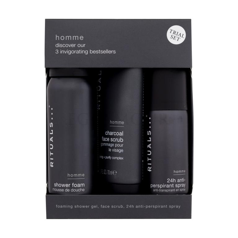 Rituals Homme 3 Invigorating Bestsellers Zestaw Pianka pod prysznic 50 ml + antyperspirant 50 ml + peeling do twarzy 70 ml