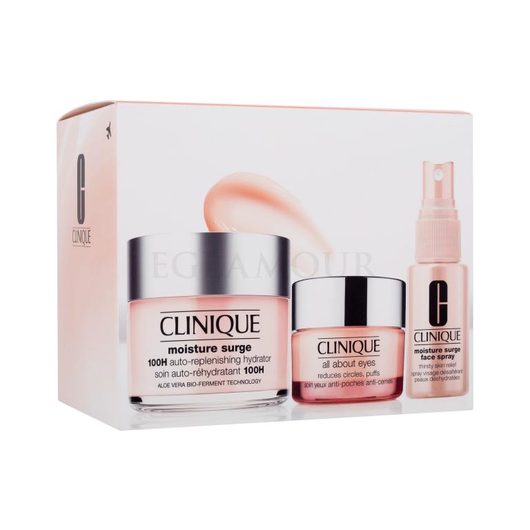 Clinique Moisture Surge Ultra Hydration Travel Exclusive Zestaw Krem na dzień Moisture Surge 100H Auto-Replenishing Hydrator 125 ml + Serum do twarzy Moisture Surge Face Spray Thirsty Skin Relief 30 ml + Krem pod oczy All About Eyes 15 ml