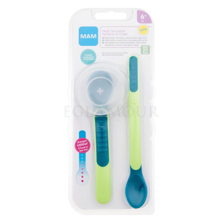 MAM Heat Sensitive Spoons &amp; Cover 6m+ Green Naczynia dla dzieci Zestaw