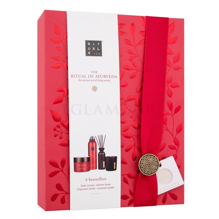 Rituals The Ritual Of Ayurveda 4 Bestsellers Zestaw pianka pod prysznic The Ritual Of Ayurveda Harmonizing Foaming Shower Gel 200 ml + krem do ciała The Ritual Of Ayurveda Balancing Body Cream 200 ml + świeczka zapachowa The Ritual Of Ayurveda 140 g + patyczki zapachowe The Ritual Of Ayurveda 70 ml