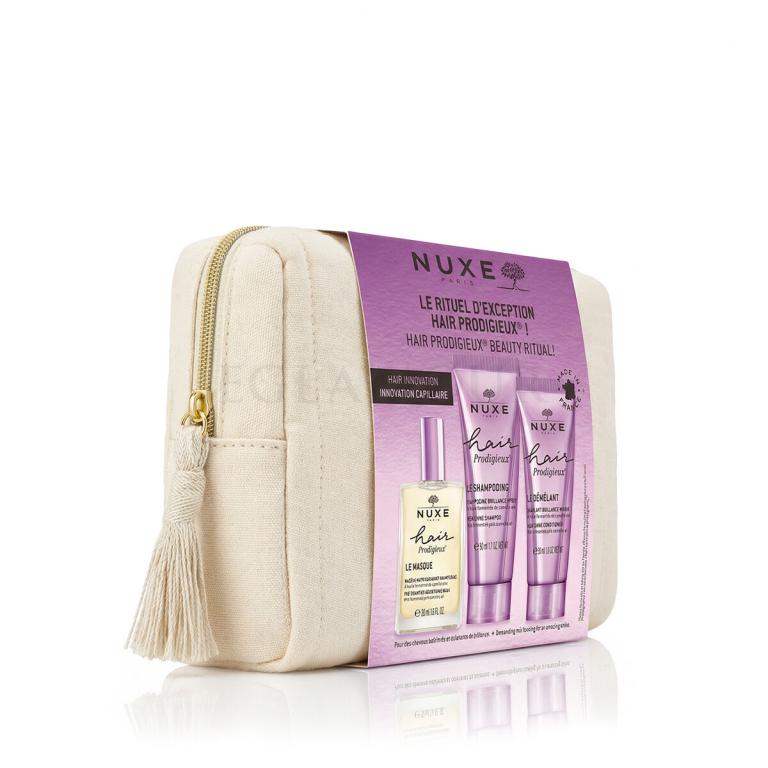 NUXE Hair Prodigieux My Luxury Haircare Routine Zestaw Szampon Hair Prodigieux High Shine Shampoo 50 ml + Odżywka Hair Prodigieux High Shine Conditioner 30 ml + Maska do włosów Hair Prodigieux Pre-Shampoo Nourishing Mask 30 ml + Kosmetyczka