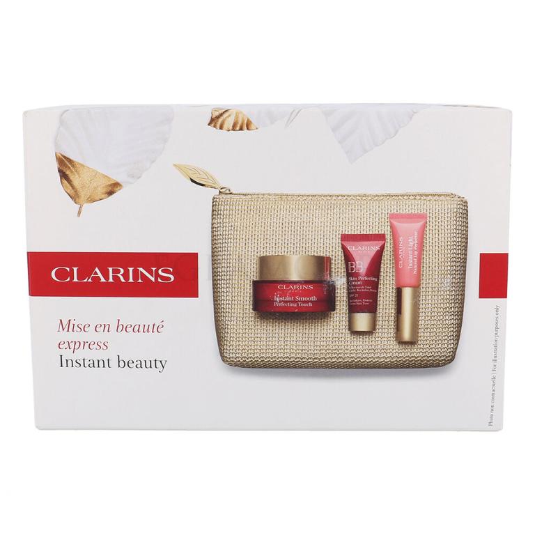 Clarins Instant Smooth Zestaw Instant Smooth 15 ml + BB Skin Perfecting Cream SPF25 8 ml 02 + Instant Light Natural Lip Perfector 5 ml 01 + Bag