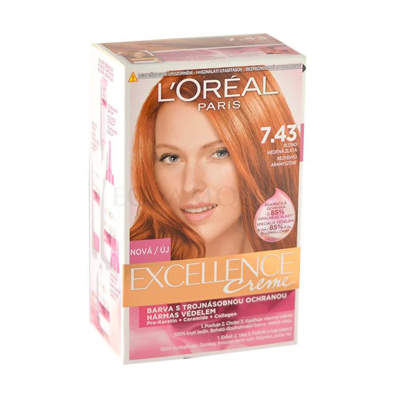 L&#039;Oréal Paris Excellence Creme Triple Protection Farba do włosów dla kobiet 192 ml Odcień 7,43 Dark Copper Gold Blonde Uszkodzone pudełko