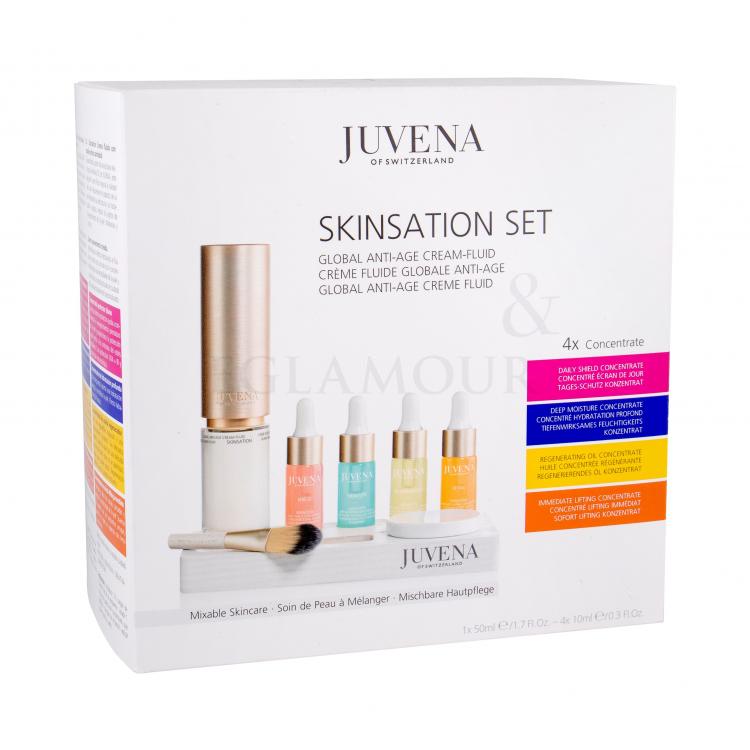 Juvena Skin Specialists Skinsation Global Anti-Age Cream-Fluid Zestaw Fluid 50 ml + Ochronne serum 10 ml + Nawilżające serum 10 ml + Regenerujące serum 10 ml + Serum liftingujące 10 ml + Podstawka + Miseczka + Pędzelek Napełnienie