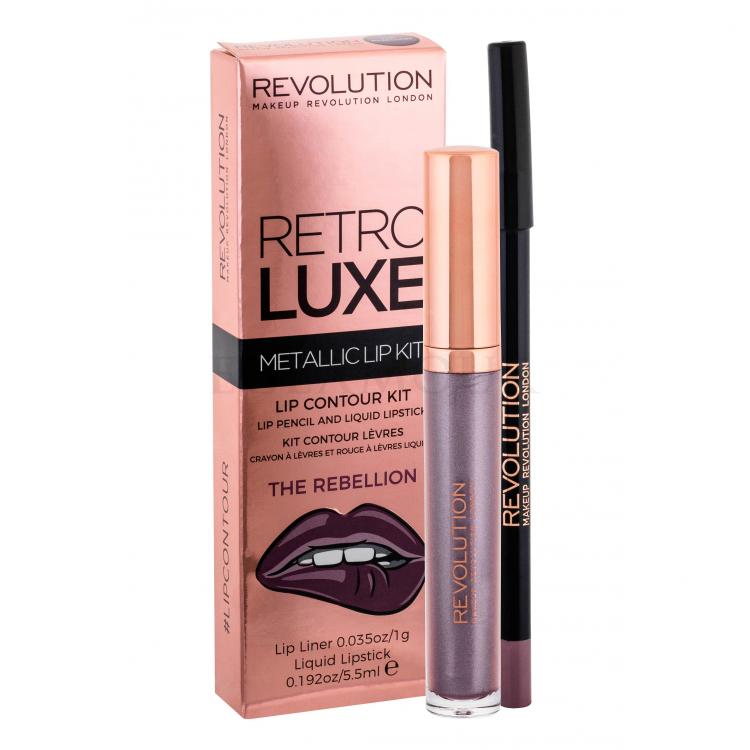 Makeup Revolution London Retro Luxe Metallic Lip Kit Zestaw Płynna pomadka 5,5 ml + Konturówka do ust 1 g Uszkodzone pudełko