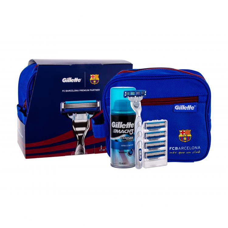 Gillette Mach3 Turbo FC Barcelona Zestaw Maszynka do golenia z jedną głowicą 1 szt + Zapasowe głowice 4 szt + Żel do golenia Extra Comfort 75 ml + Kosmetyczka