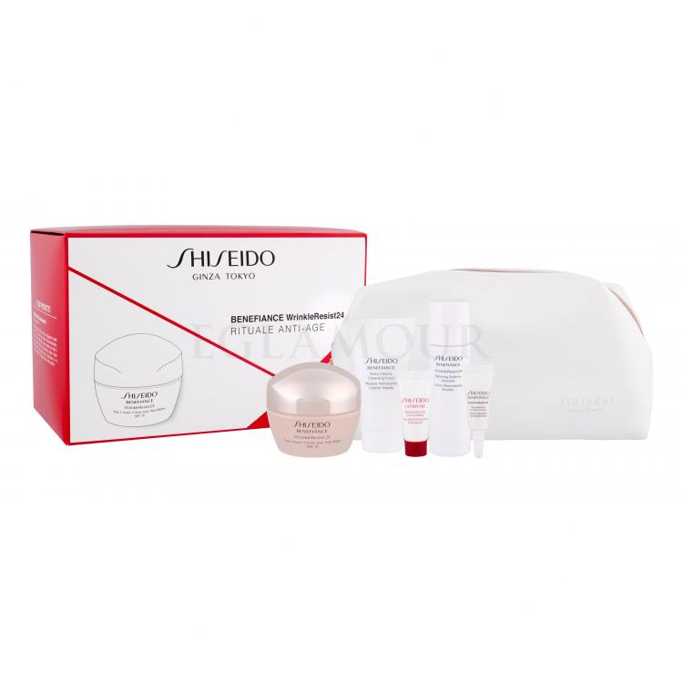 Shiseido Benefiance Wrinkle Resist 24 Day Cream SPF15 Zestaw Krem na dzień SPF15 50 ml + krem pod oczy 3 ml + Pianka do mycia 30 ml + Serum do twarzy Ultimune 5 ml + Kosmetyczka Uszkodzone pudełko