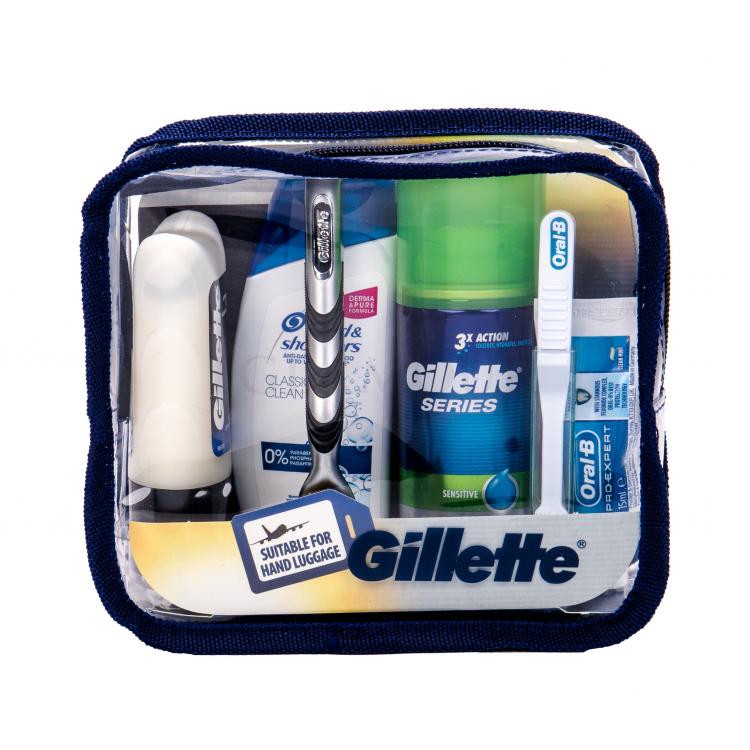 Gillette Mach3 Travel Kit Zestaw Maszynka do golenia z jednym ostrzem 1 szt + Pianka do golenia 75 ml + Balsam po goleniu 75 ml + Szampon 90 ml + Pasta do zębów 15 ml + Szczoteczka do zębów 1 szt