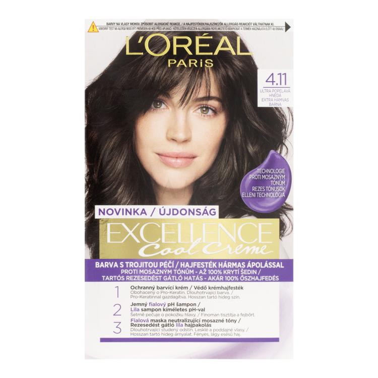 L&#039;Oréal Paris Excellence Cool Creme Farba do włosów dla kobiet 48 ml Odcień 4,11 Ultra Ash Brown
