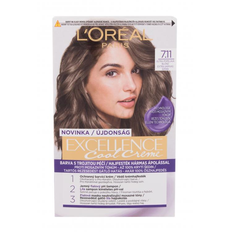 L&#039;Oréal Paris Excellence Cool Creme Farba do włosów dla kobiet 48 ml Odcień 7,11 Ultra Ash Blond Uszkodzone pudełko