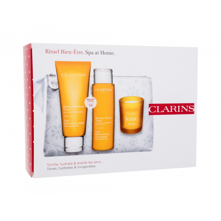 Clarins Spa At Home Zestaw dla kobiet Balsam do ciała 200 ml + żel pod prysznic 200 ml + świeczka + kosmetyczka