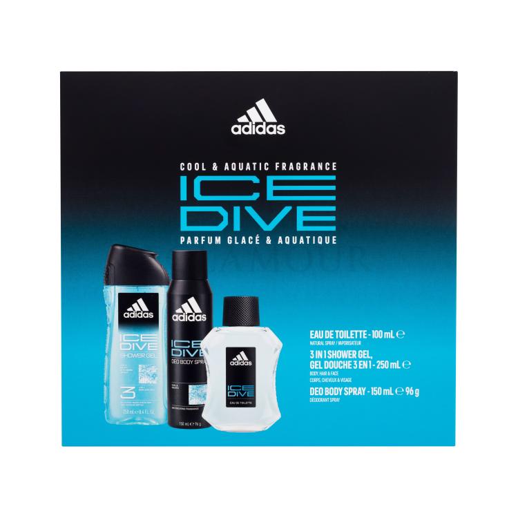 Adidas Ice Dive Zestaw woda toaletowa 100 ml + dezodorant 150 ml + żel pod prysznic 250 ml