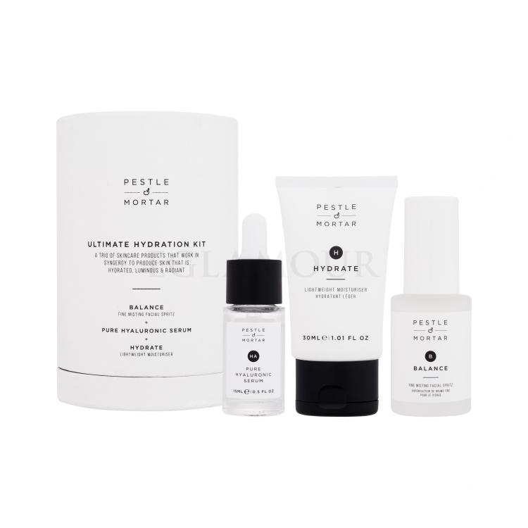 Pestle &amp; Mortar The Ultimate Hydration Kit Zestaw nawilżająca woda do twarzy Balance Fine Misting Facial Spritz 30 ml + hialuronowe serum do twarzy Pure Hyaluronic Serum 15 ml + krem nawilżający Hydrate Lightweight Moisturiser 30 ml