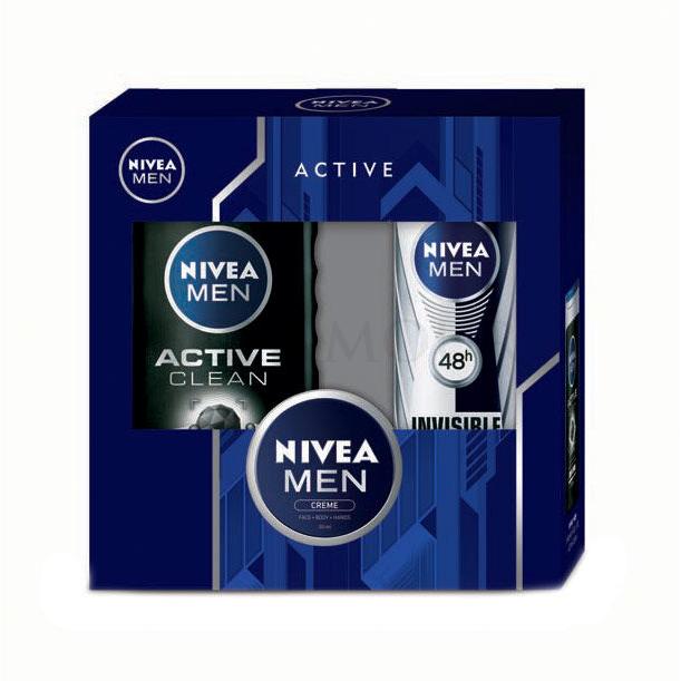 Nivea Men Active Clean Zestaw 250ml Men Active Clean Shower Gel + 150ml Men Invisible For Black &amp; White 48h Antiperspirant + 30ml Men Creme