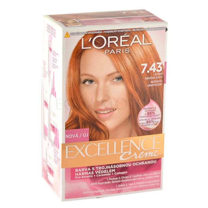 L&#039;Oréal Paris Excellence Creme Triple Protection Farba do włosów dla kobiet 192 ml Odcień 7,43 Dark Copper Gold Blonde Uszkodzone pudełko