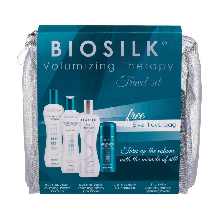Farouk Systems Biosilk Volumizing Therapy Zestaw Szampon 67 ml + Odżywka do włosów 67 ml + Serum do włosów Biosilk Silk Therapy Lite 67 ml + Puder do włosów 15 g + Kosmetyczka